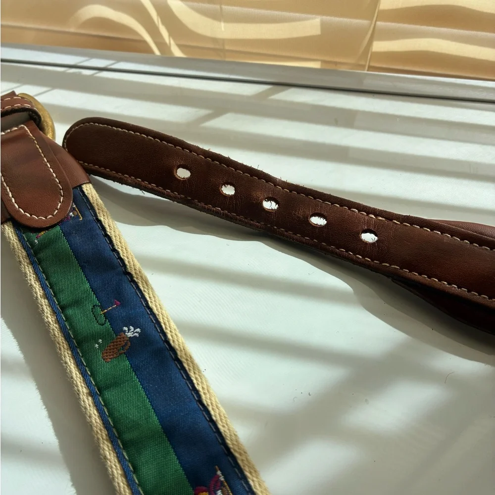 Brooks Brothers Men’s Leather Brown and Green Golf Belt with Gold Buckle (Sz40)
